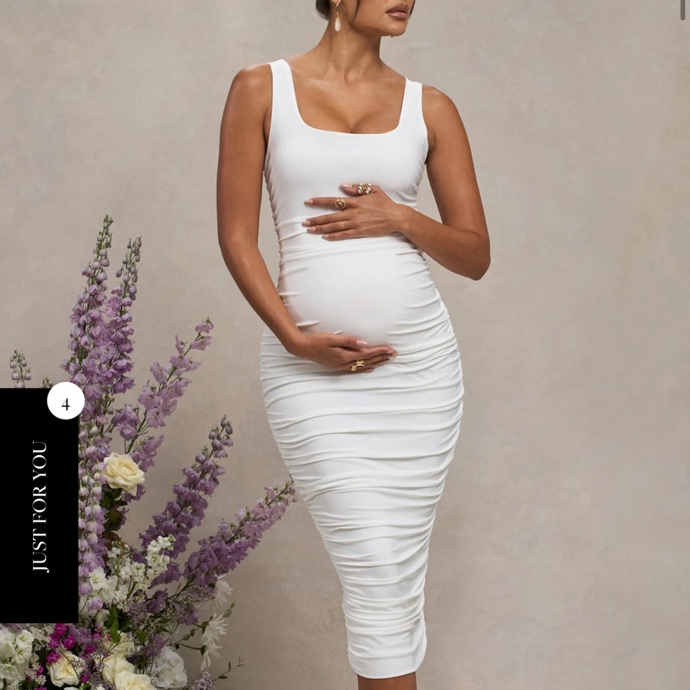 Club L London White Ruched Midi Dress Maternity Size 6